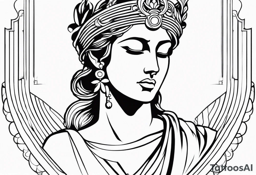 I want a tattoo of themis the Greek goddess where her eyes are closed and she has blood on her face. I want it to be fine line and minimilistic tattoo idea