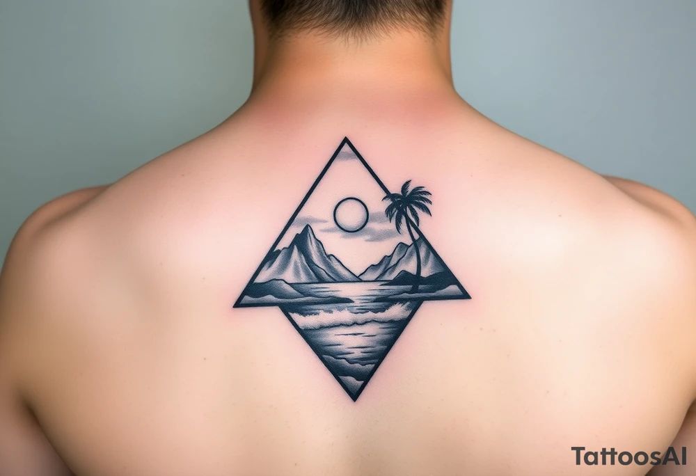 A triangle with a heart in the center with mountains, ocean with palm trees in background tattoo idea