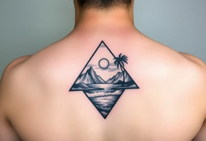 A triangle with a heart in the center with mountains, ocean with palm trees in background tattoo idea