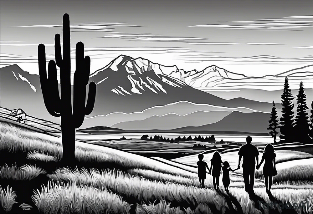 Pacific Northwest landscape, father , mother, son and daughter shadow
Mexican American inspiration. Family of four. Add faith tattoo idea