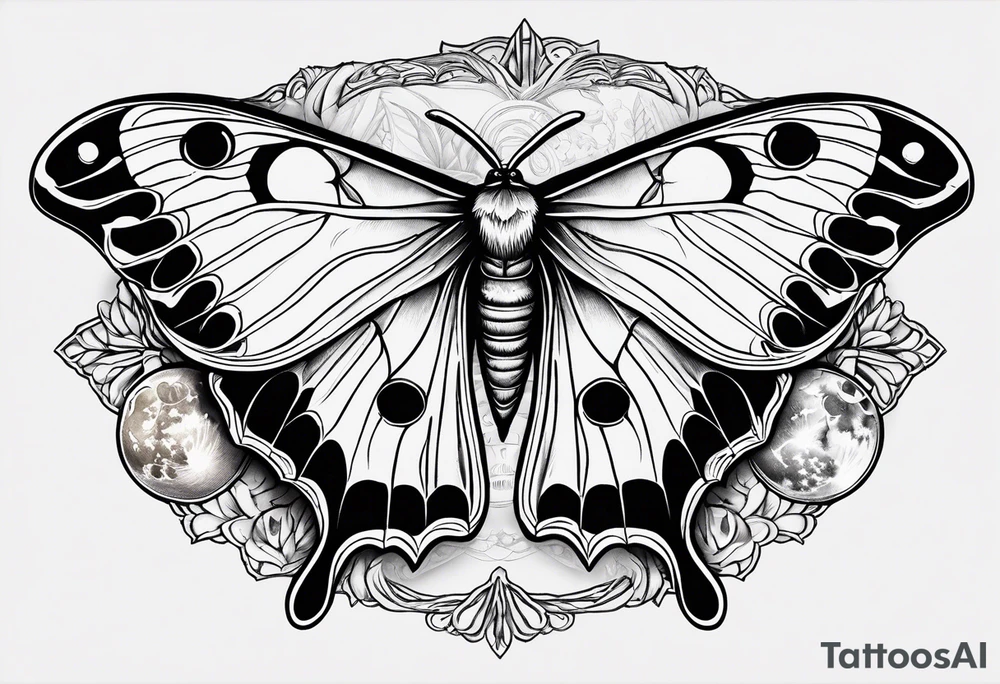 luna moth anatomically correct with all the phases of the moon arched under the moth, and the words "carpe noctem" above it in sans serif font tattoo idea