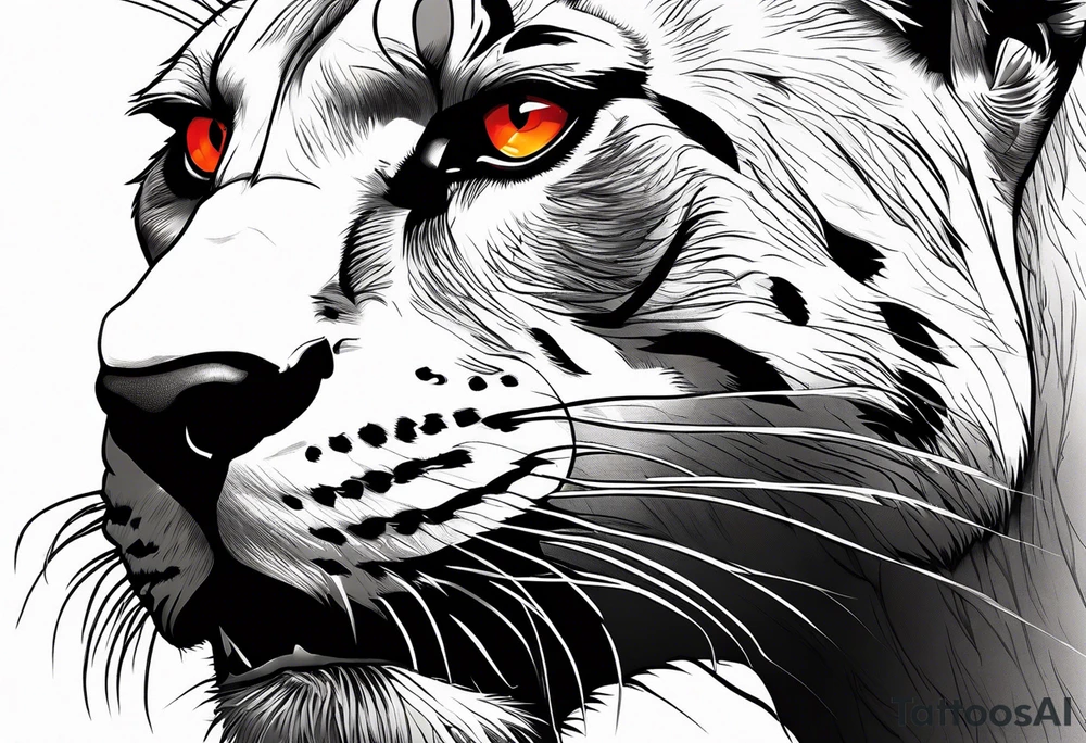 Slight side angle of Facial facing left of an angry panther with red-orange eyes tattoo idea