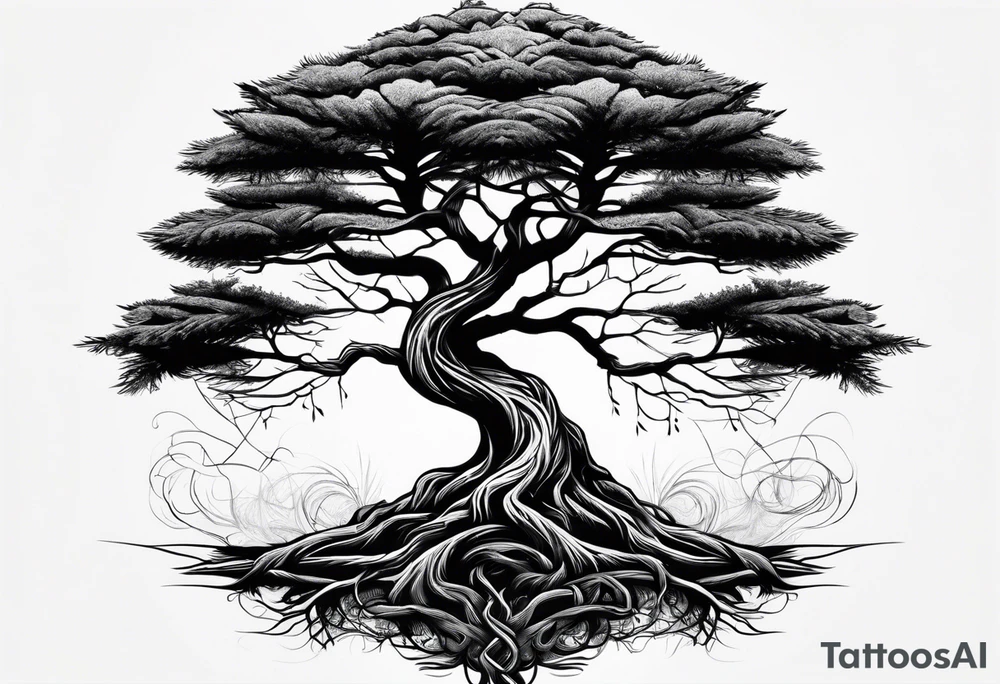 Pine tree amd upside down junper tree conected with roots which are forming an infinty sign tattoo idea