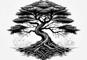 Pine tree amd upside down junper tree conected with roots which are forming an infinty sign tattoo idea