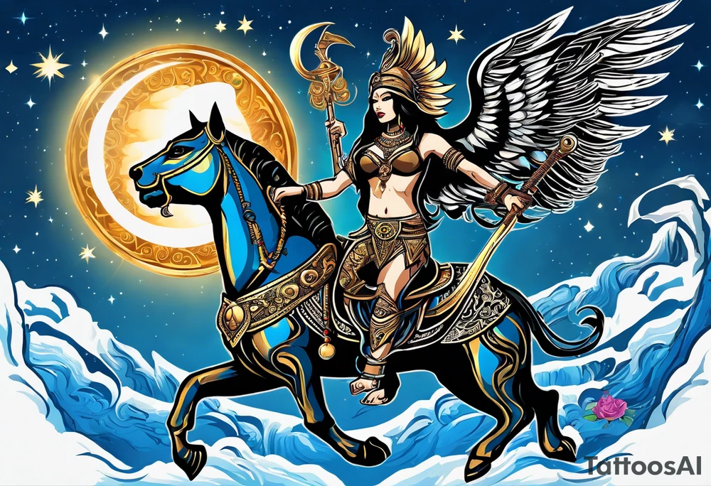 black kali, goddess pirate, alien, angel, pachamama, valkrye, warrior, flying, skull, lotus azul, wing, eagle, zenza resonance, stars, 5D, anahata chakra, death, durga, riding on a tiger, flying lady tattoo idea