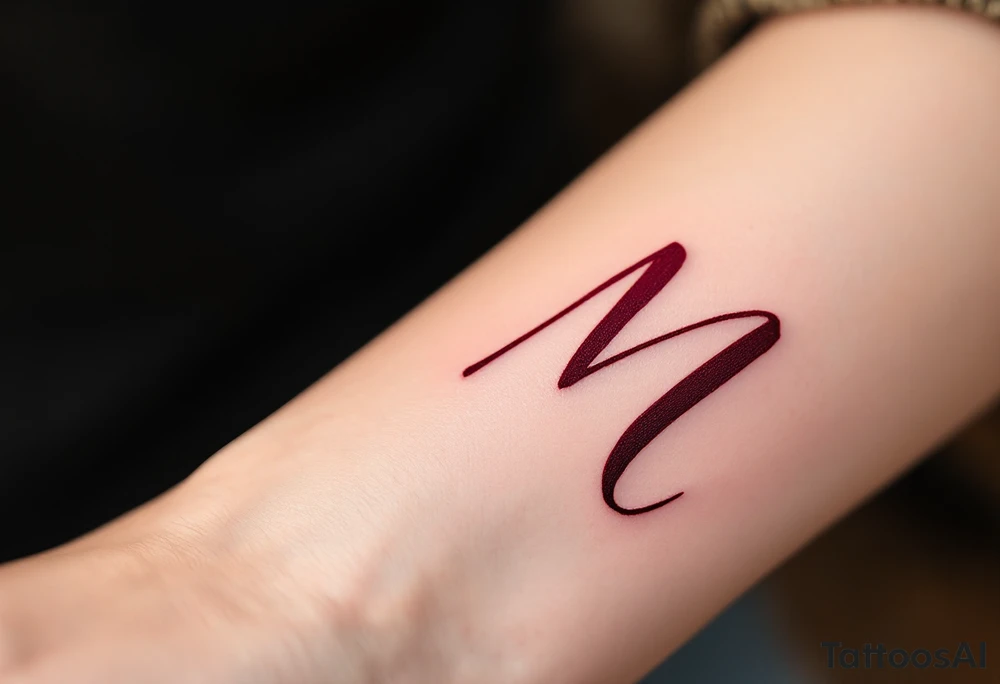 A brush-style "M" in burgundy red, looking bold and spontaneous. tattoo idea