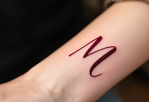 A brush-style "M" in burgundy red, looking bold and spontaneous. tattoo idea