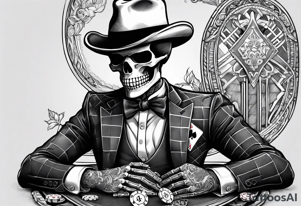 Skeleton in suit, with hat, sitting at the table, holding poker tokens tattoo idea tattoo idea