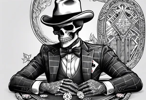 Skeleton in suit, with hat, sitting at the table, holding poker tokens tattoo idea tattoo idea