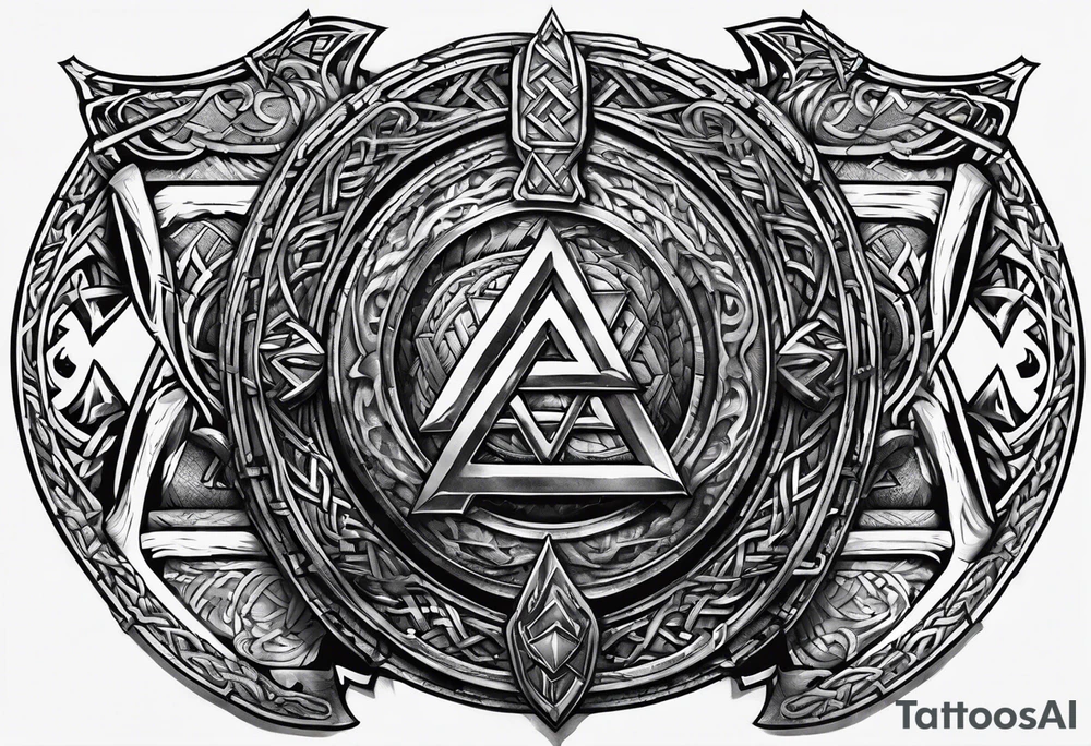 Valhalla sword shield axe Valknut chains tattoo idea Valhalla sword shield axe Valknut chains tattoo idea