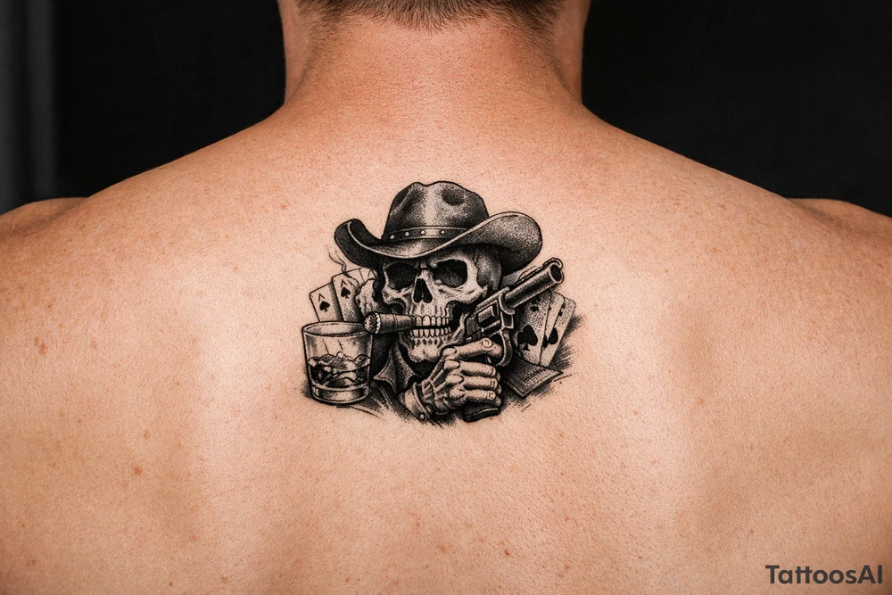 skull with cowboy-hat, cigar in his mouth, a gun in a hand, playing cards, whiskey-glass. tattoo idea