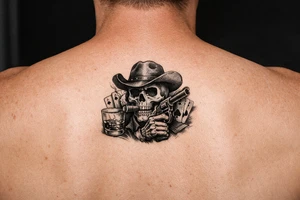 skull with cowboy-hat, cigar in his mouth, a gun in a hand, playing cards, whiskey-glass. tattoo idea