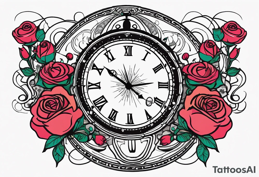 I want a design to print on t-shirts. The design is an hourglass with a wristwatch in the middle with Amazigh numbers, and this watch is surrounded by planets and Ashulk roses. tattoo idea