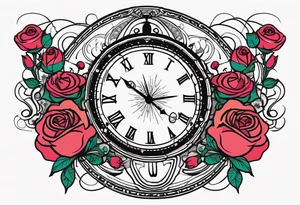 I want a design to print on t-shirts. The design is an hourglass with a wristwatch in the middle with Amazigh numbers, and this watch is surrounded by planets and Ashulk roses. tattoo idea