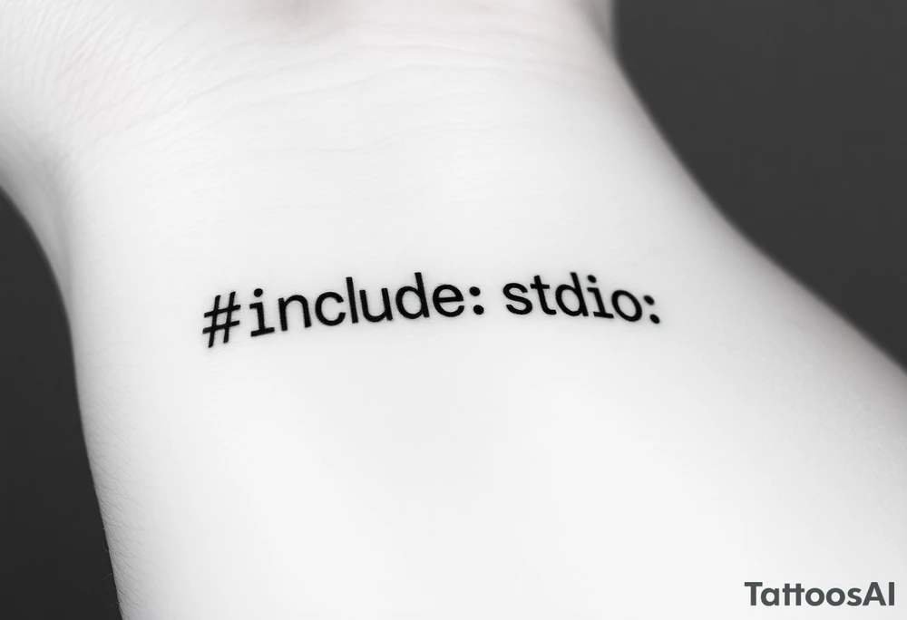 Minimalist black tattoo of the text "#include <stdio.h>" on a human wrist. Clean monospace font (programming style), thin lines, sharp and precise lettering. No colors, only solid black ink. Realistic skin texture, natural wrist curvature, subtle lighting. Simple and elegant composition, no additional elements or decorations. Focus on clarity and readability of the code text. tattoo idea