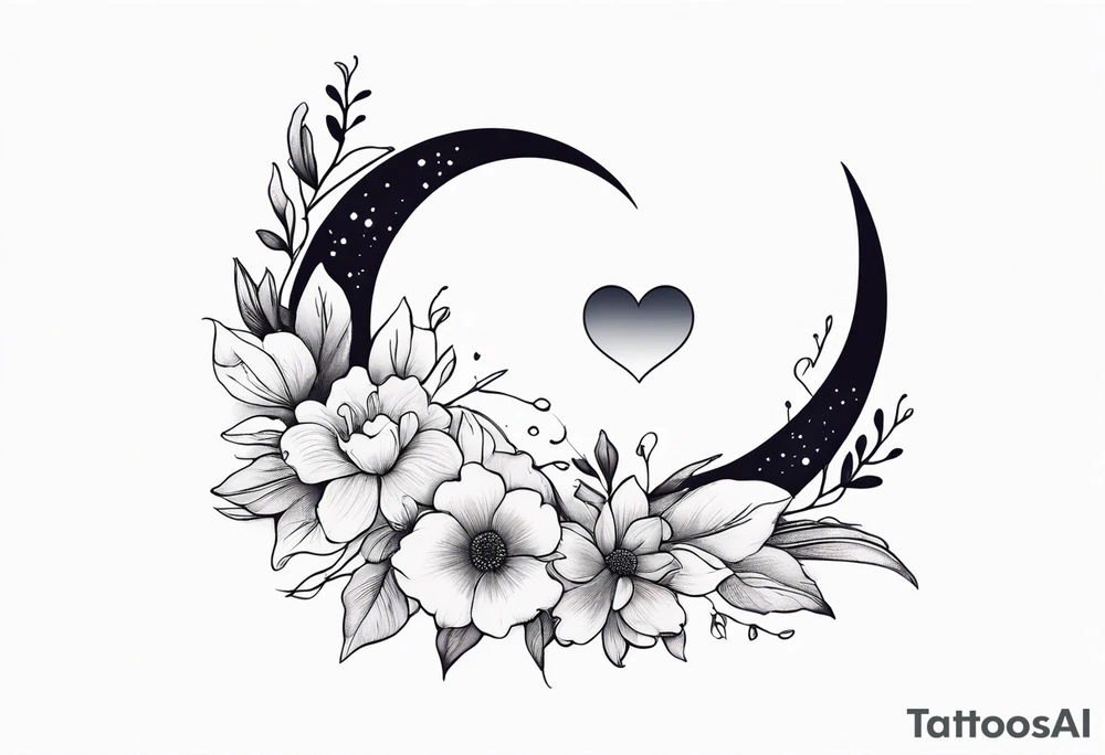 hand tattoo of a Crescent moon with a heart inside, shrouded by beautiful flowers with wisps of mist tattoo idea