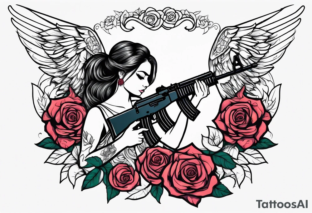 Beautiful angle with wings and tattoos surrounded by roses holding a ak 47 tattoo idea