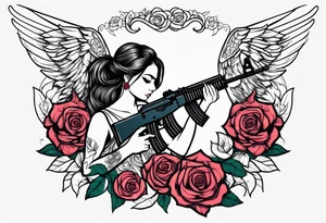 Beautiful angle with wings and tattoos surrounded by roses holding a ak 47 tattoo idea