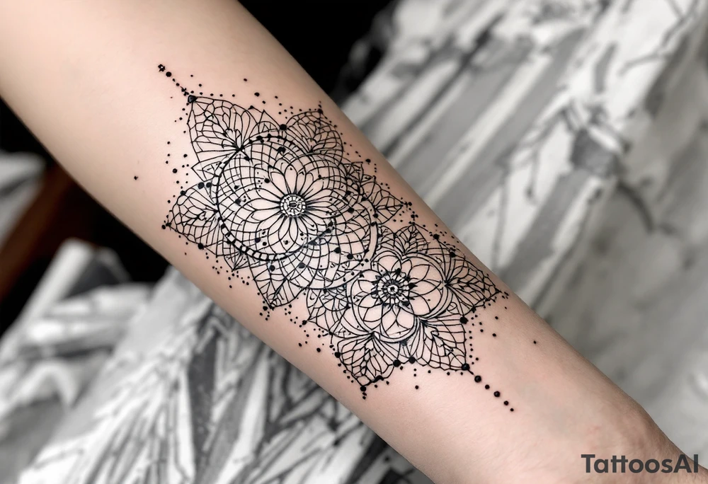 fine-line tattoo, interconnected sacred geometry, multiple mandala fusion, flowing geometric vines, intertwining dotwork patterns, morphing sacred symbols, geometric transformation, overlapping mandala layers, flowing geometric streams, sacred geometry cascade, dotwork connections, radiating interconnected patterns, geometric web, mandala constellation, flowing sacred lines, intertwining geometric forms, dotwork bridges, connected sacred patterns, geometric flow transition, mandala network, artistic geometric fusion, delicate interconnections, black grey shading, no outlines, arm wrap design, organic geometric flow, artistic sacred weaving, geometric poetry, mandala storytelling, interconnected symmetry, flowing sacred architecture tattoo idea