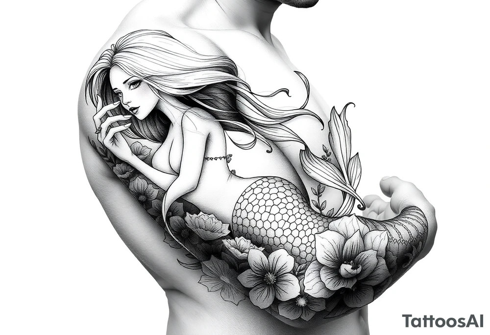 ethereal mermaid with flowing hair among coral and sea flowers tattoo idea