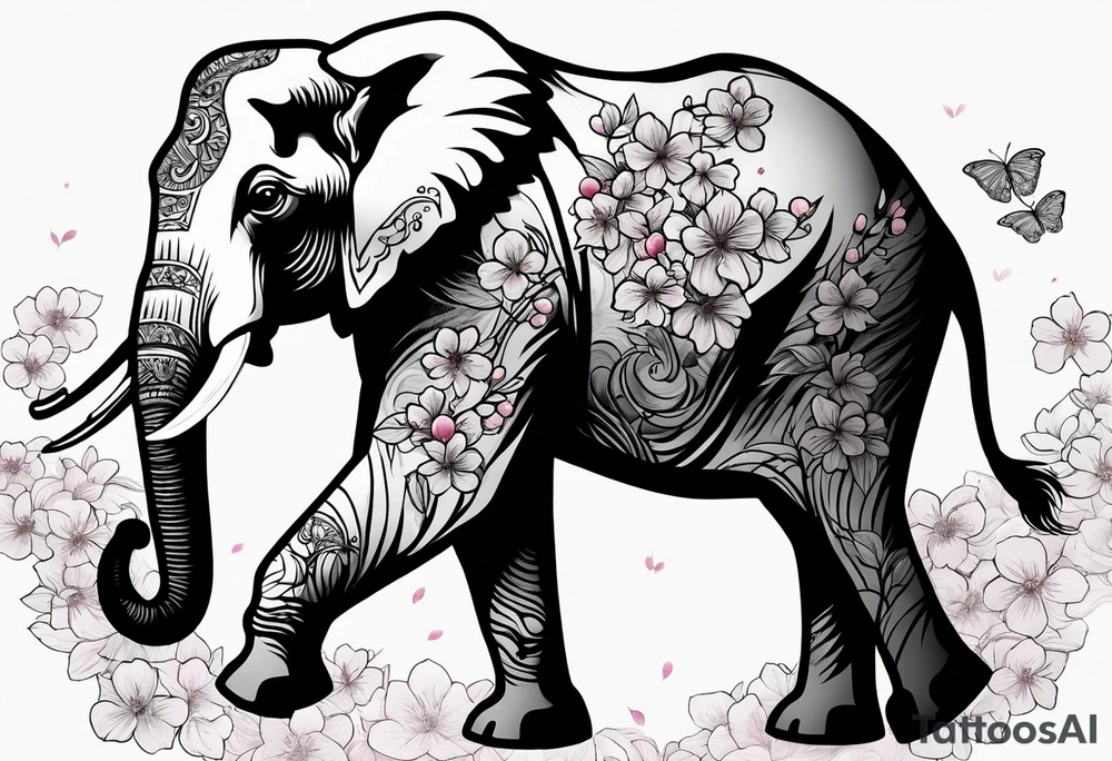 Elephant with cherry blossom tree tattoo idea