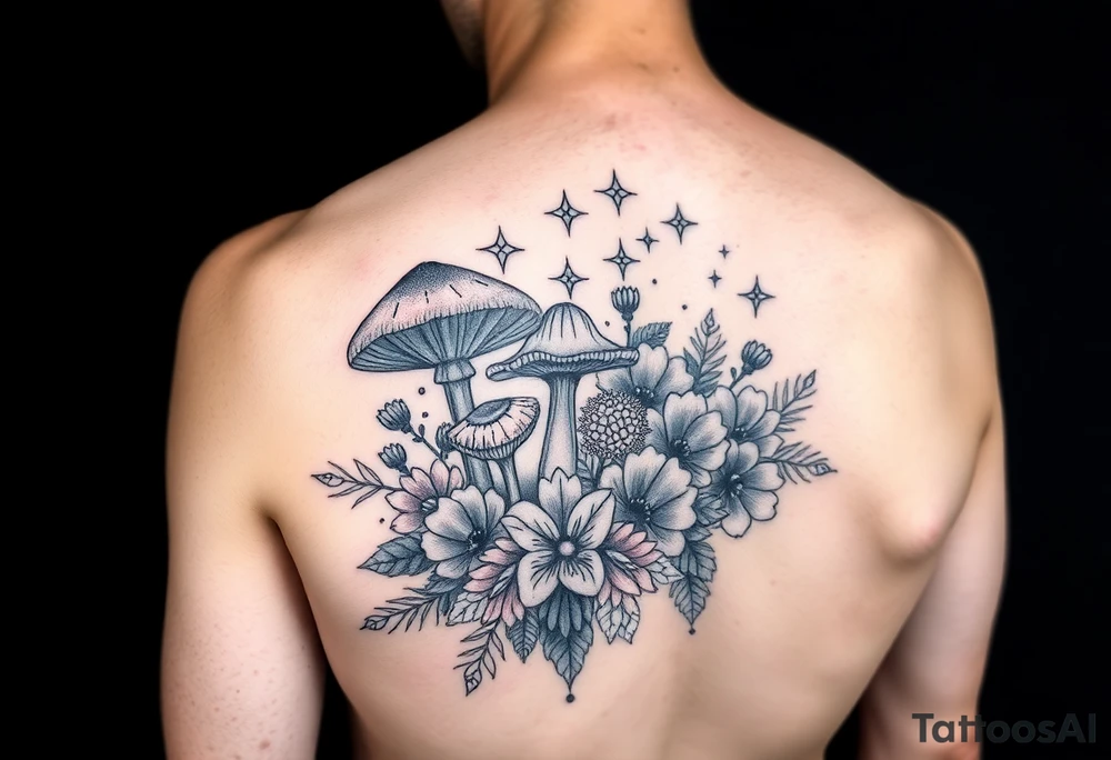 Could you possible make me a cool nature tattoo with mushrooms crystals  flowers mandala boho but colorful and psychedelic colorful too that would wrap from front of hip around side to mid back to cover an existing one I have incorporating the stars I have already and only covering some wrapping from front of hip around side to back tattoo idea