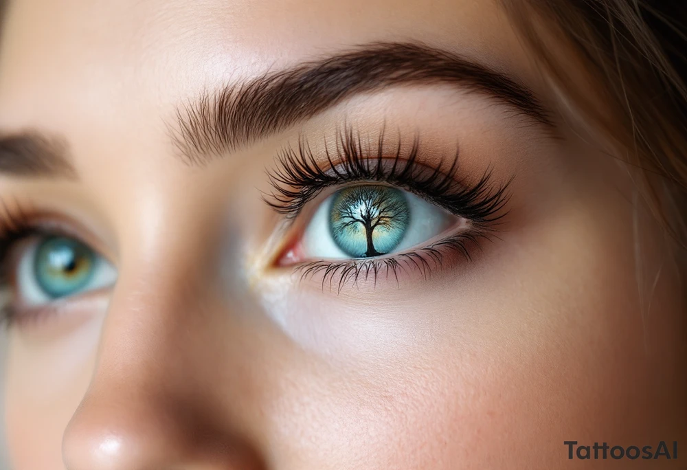 A hyper-realistic eye with a tiny tree reflection, detailed in deep green, honey brown, and icy blue hues, creating a surreal effect. tattoo idea