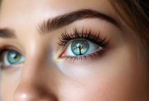 A hyper-realistic eye with a tiny tree reflection, detailed in deep green, honey brown, and icy blue hues, creating a surreal effect. tattoo idea