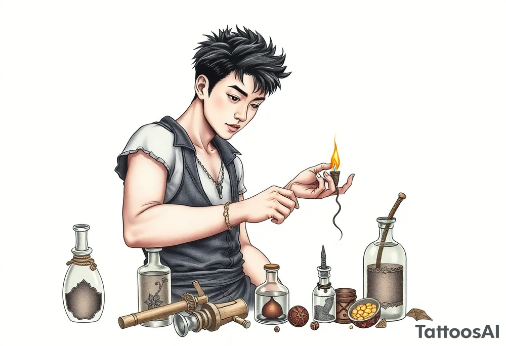 Handsome Asian young adult guy is  accidentally stumbled upon witch tools, supplies, artifacts, potions and exploring it curiously tattoo idea