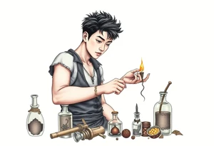 Handsome Asian young adult guy is  accidentally stumbled upon witch tools, supplies, artifacts, potions and exploring it curiously tattoo idea