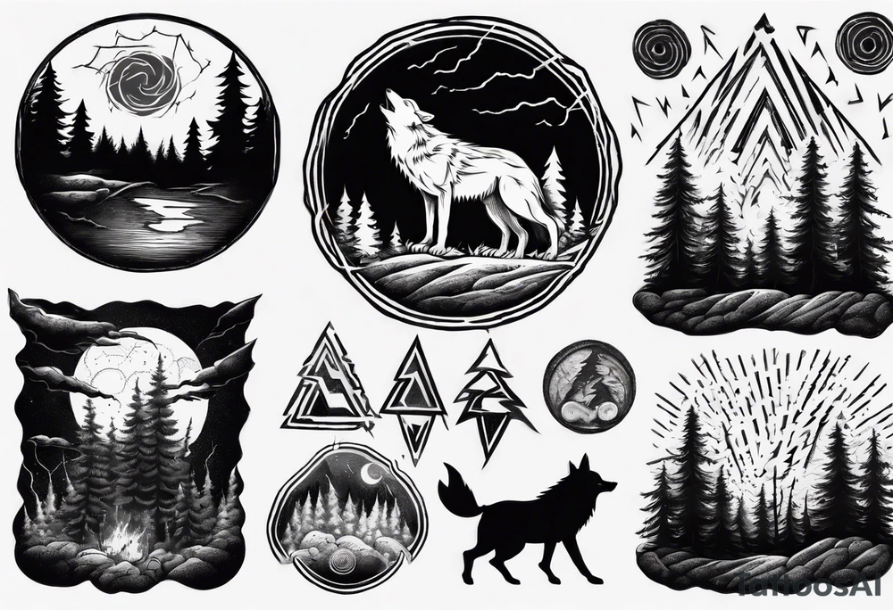 a thunder and lightning storm over a forest with a distant wolf howling and a drum circle tattoo idea a thunder and lightning storm over a forest with a distant wolf howling and a drum circle tattoo idea