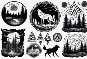 a thunder and lightning storm over a forest with a distant wolf howling and a drum circle tattoo idea