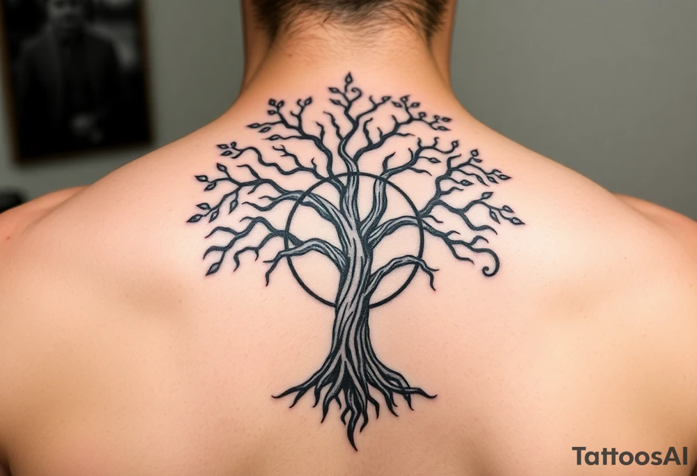yggadrisl tree of life with circle. Jai , Phoebe, Imogen, Matilda in the circle tattoo idea