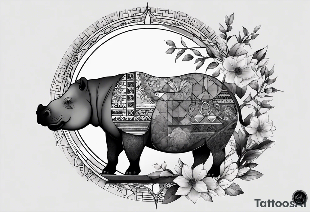 Very asymmetrical, +geometric pattern, with realistic full moon, with hippo at side look, +tribal, +geometric, +inkart , +blackwork, +grey scale, + sketch
with wintersweet flower bud, +inkart touch, +for men, detailed , combined favourite tattoo idea