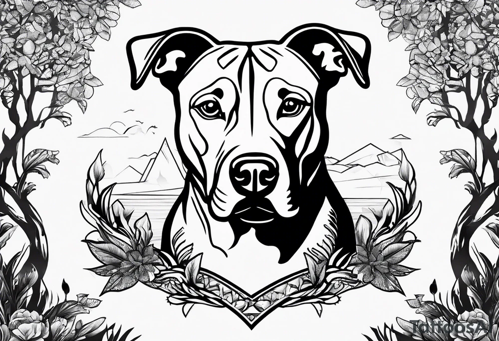 create a tattoo of a pitbull dog with trees in the background and a diamond border. tattoo idea