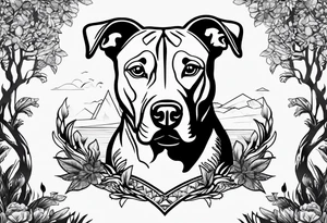 create a tattoo of a pitbull dog with trees in the background and a diamond border. tattoo idea