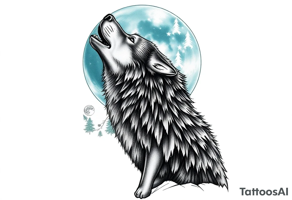lone wolf howling at full moon with northern lights backdrop tattoo idea