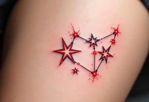 A stylized Aries star constellation is inked in electric red with small fire-like sparks around each star. tattoo idea