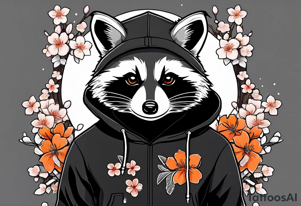 Raccoon wearing a white Superman logo on a black hoodie and orange Japanese cherry blossoms tattoo idea
