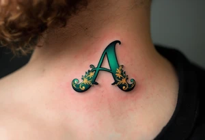 A calligraphy "A" in emerald green with fine golden flourishes. tattoo idea