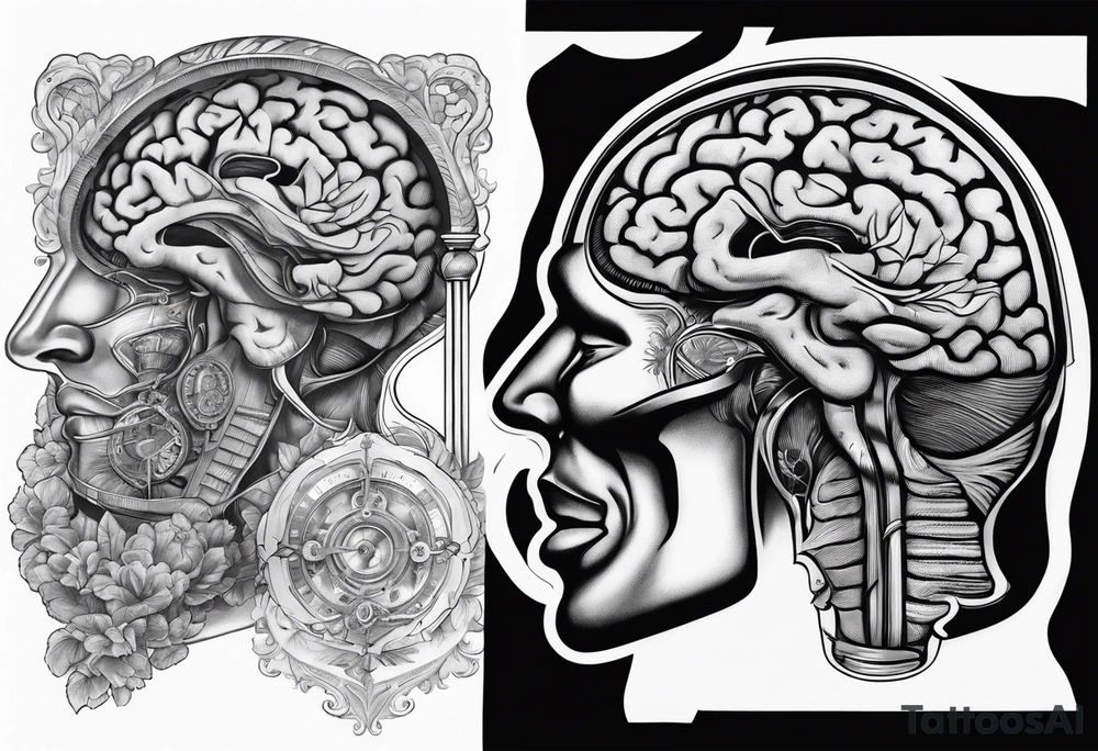Human anatomical brain in sagittal section inside hourglass for man tattoo idea