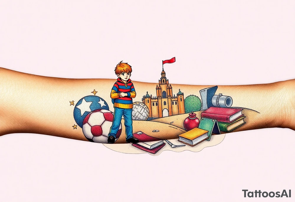 Collage of childhood memories including a football, a cricket bat, the comic character Dennis the Menace, a sandcastle and a small pile of books. tattoo idea