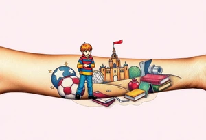 Collage of childhood memories including a football, a cricket bat, the comic character Dennis the Menace, a sandcastle and a small pile of books. tattoo idea