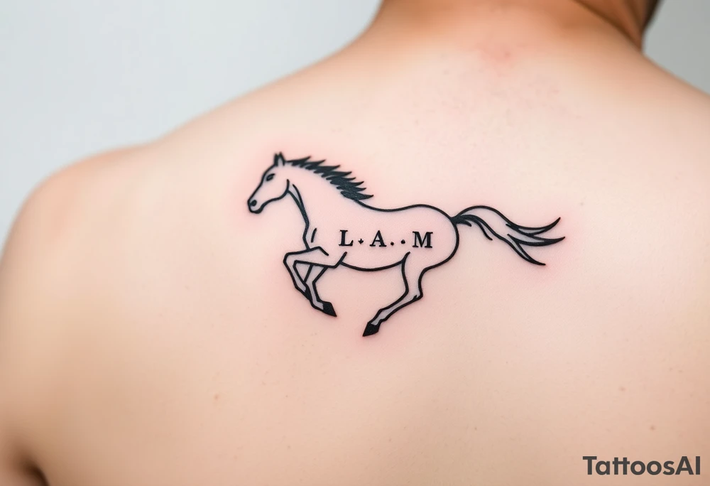 horse silhouette 
from the front which gallops from the front, with the 3 small letters discreetly integrated: L, A, M tattoo idea
