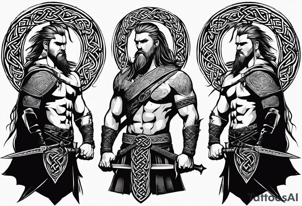 Side profile full body of Celtic warrior with weapons unsheathed tattoo idea