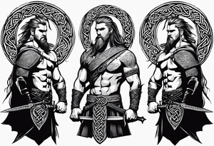 Side profile full body of Celtic warrior with weapons unsheathed tattoo idea