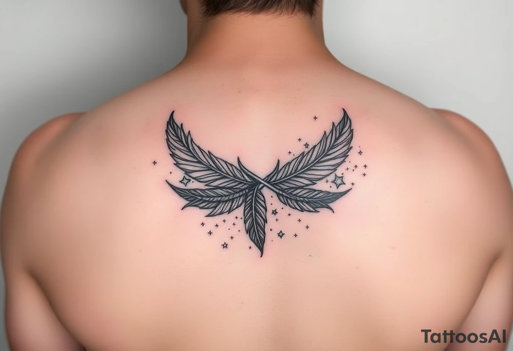 infinity symbol woven with floating feathers and stardust tattoo idea