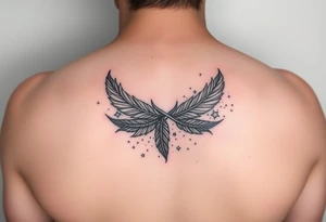 infinity symbol woven with floating feathers and stardust tattoo idea