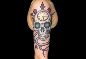 Skull with a snake through its eyes or mouth surrounds include a clock and prickly vines tattoo idea