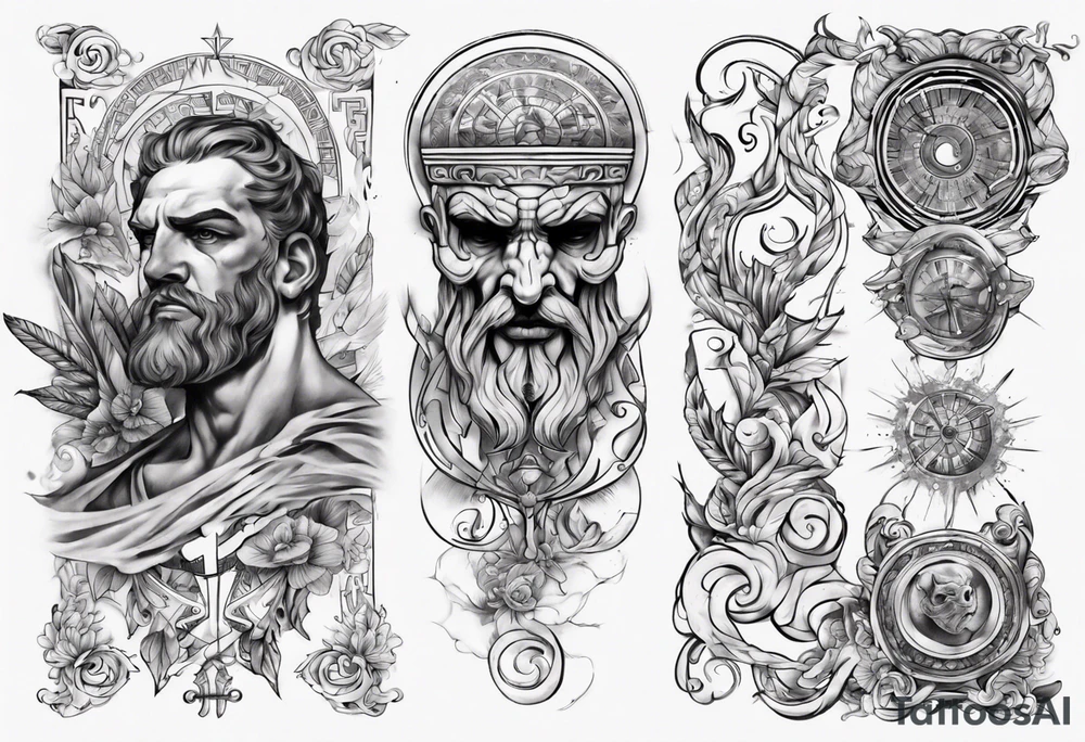 greek arm sleeve tattoo idea